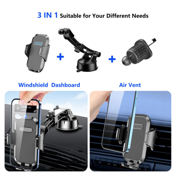 Car Phone Holder Mount【3-in-1 Powerful Suction Cup】 Universal Car Phone Mount for Dashboard/Air Vent/Windshield - Compatible with iPhone & Android Smartphones (Black) - Image 3