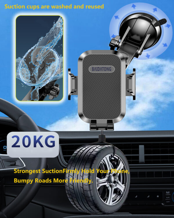 Car Phone Holder Mount【3-in-1 Powerful Suction Cup】 Universal Car Phone Mount for Dashboard/Air Vent/Windshield - Compatible with iPhone & Android Smartphones (Black) - Image 4